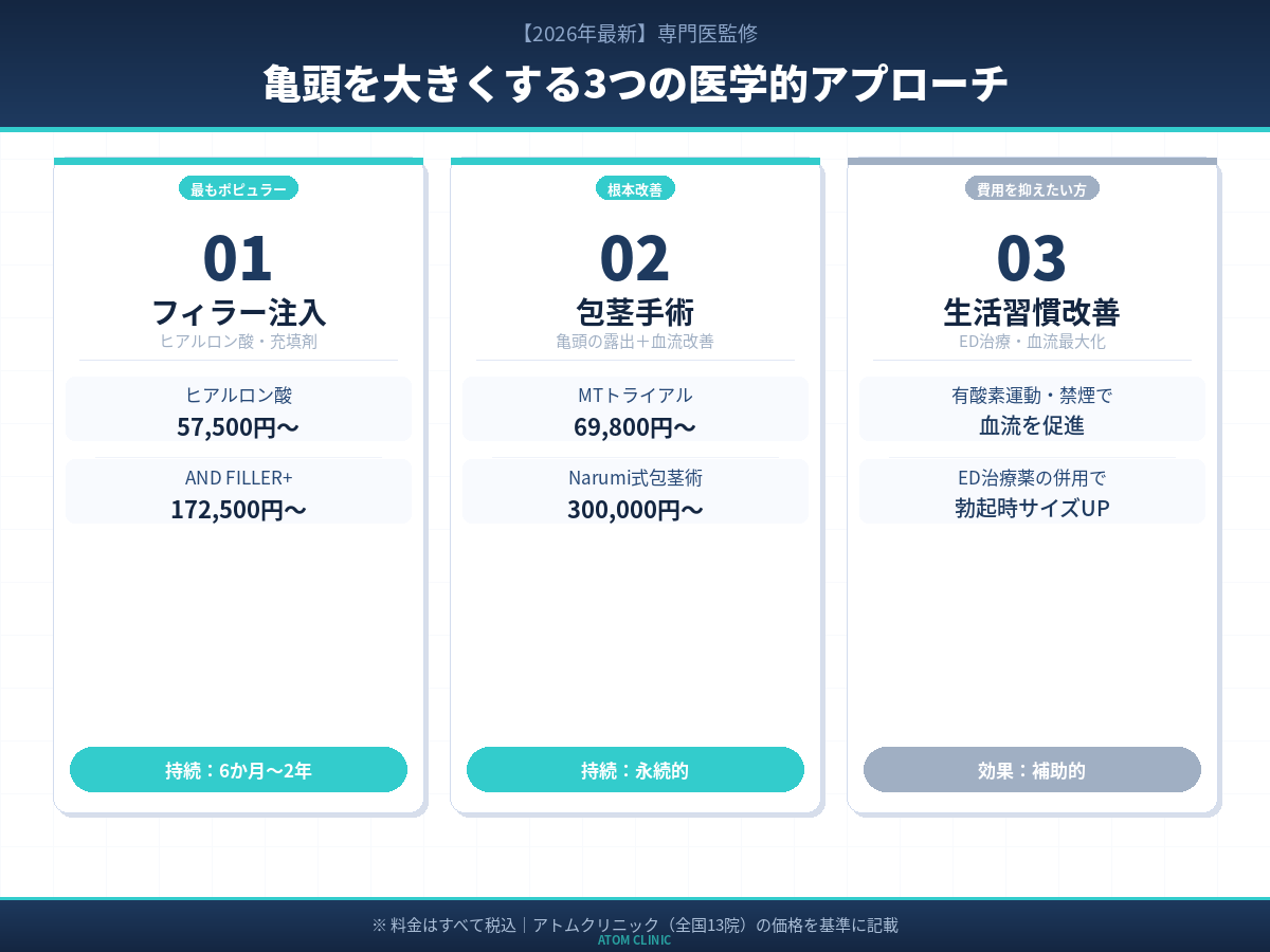 亀頭を大きくする3つの医学的アプローチ