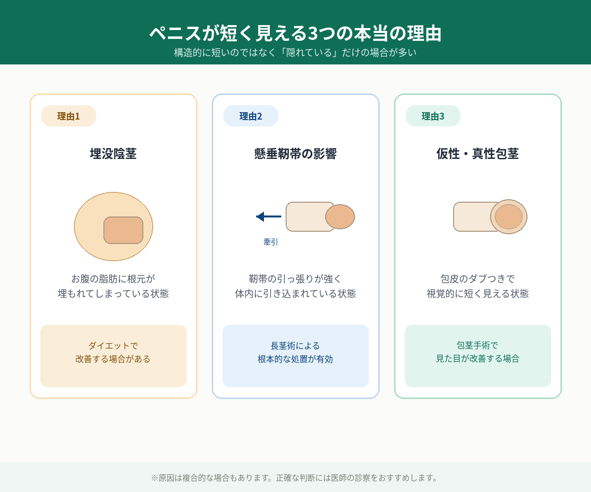 ペニスが短く見える3つの理由（埋没陰茎・懸垂靭帯・仮性包茎）の図解