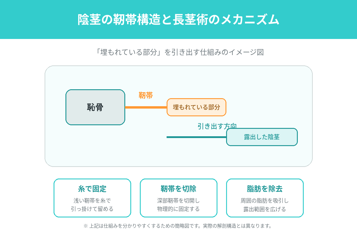 靭帯・埋没部分・3術式のメカニズム図解