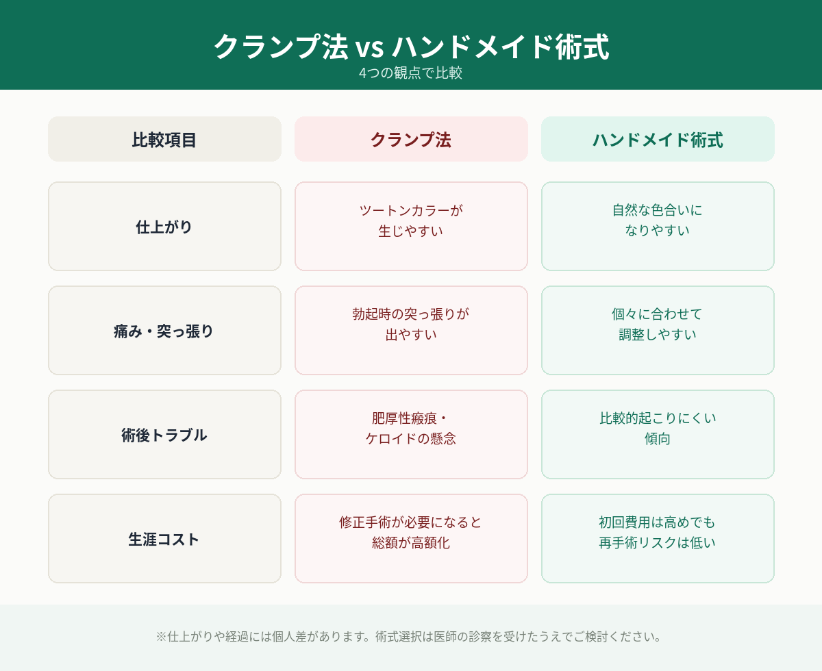 4項目比較表（仕上がり／痛み・突っ張り／術後トラブル／生涯コスト）